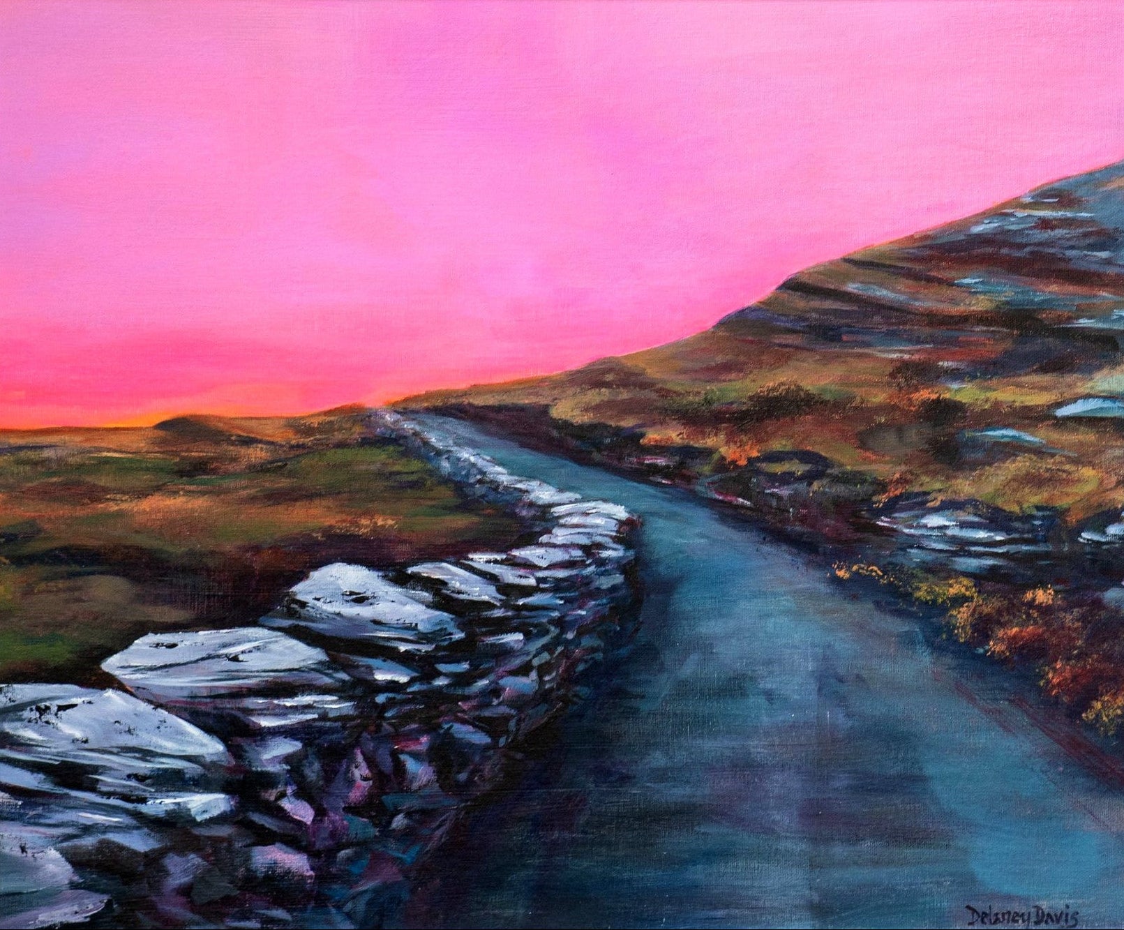 Painting of a mountain landscape with a pink sky