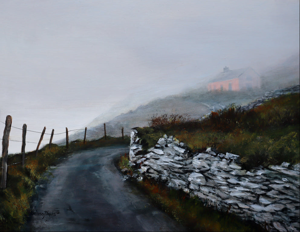 Painting of a misty landscape with a road, stone wall, and building.